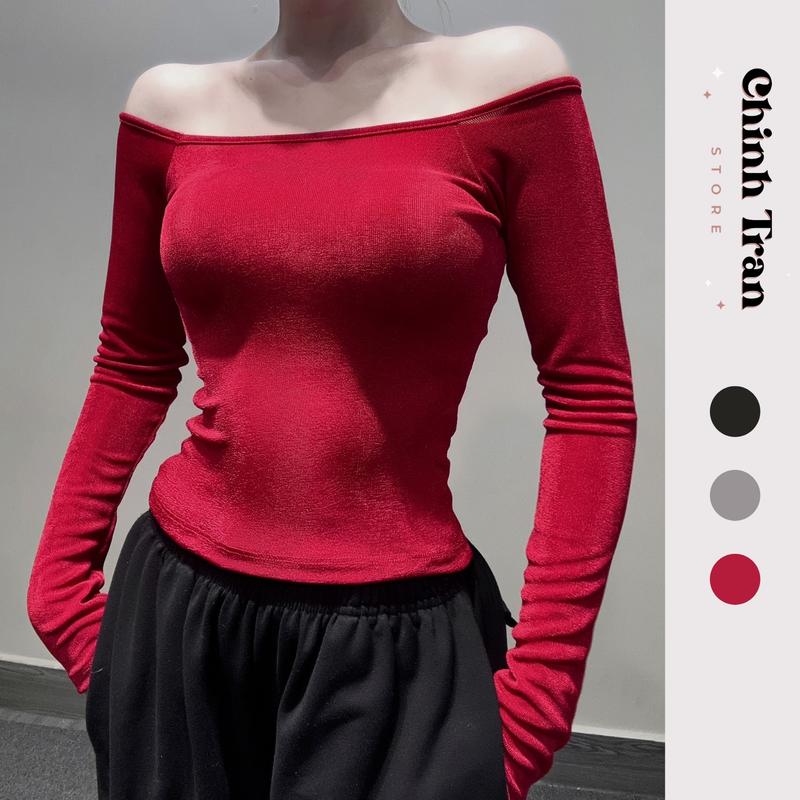 Áo Thun Nhũ Trễ Vai Dài Tay Vải Mỏng Mát Ôm Gọn