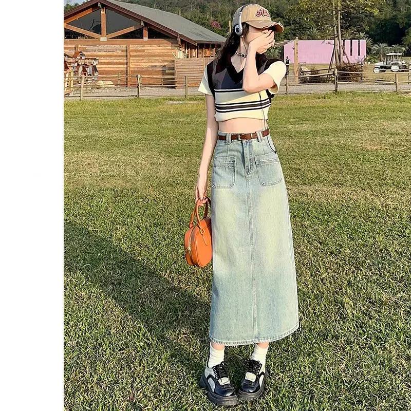 Back Split Denim Skirt for Women 2025 Summer New Niche Korean Style High Waist Slimming Straight Mid-Length Skirt
