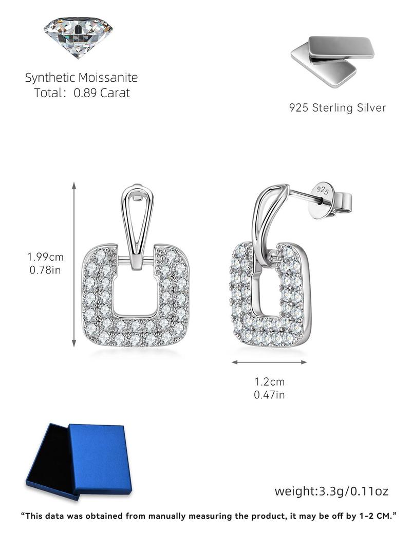 Product Introduction of S925 Sterling Silver Fashion Square Shaped Earrings, 2024 New Style Synthetic Moissanite Decorated Earrings, Trendy All-match & Exquisite Jewelry for Birthday Gift 1