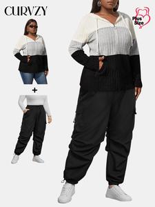 CURVZY Plus Size Colorblock Print Drawstring Zipper Hoodie & Pocket Pants Two-Piece Set, Casual Long Sleeve Hooded Sweatshirt & Jogger Pants for Daily Wear, Women's Two-piece Outfits for Fall