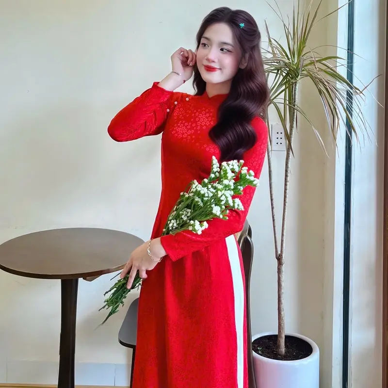 Bộ Áo dài Gấm Lụa Tơ Mềm cổ cao 2cm tay dài hoa nhí kèm quần lụa sang trọng  ( nhiều màu) Women 1
