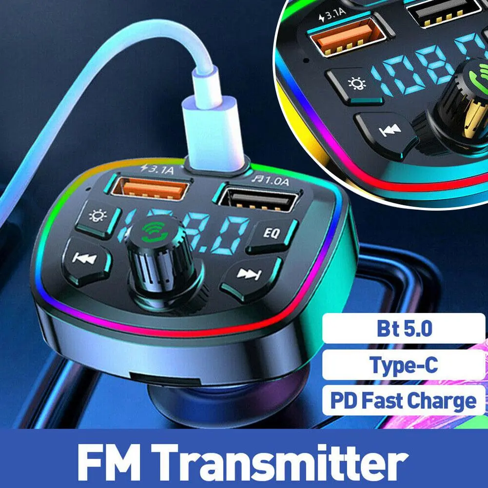 Bộ phát FM 5.0, Bộ sạc nhanh 2 USB cho ô tô, Đèn ô tô, Phụ kiện Bluetooth ô tô, đầy màu sắc, V3U8