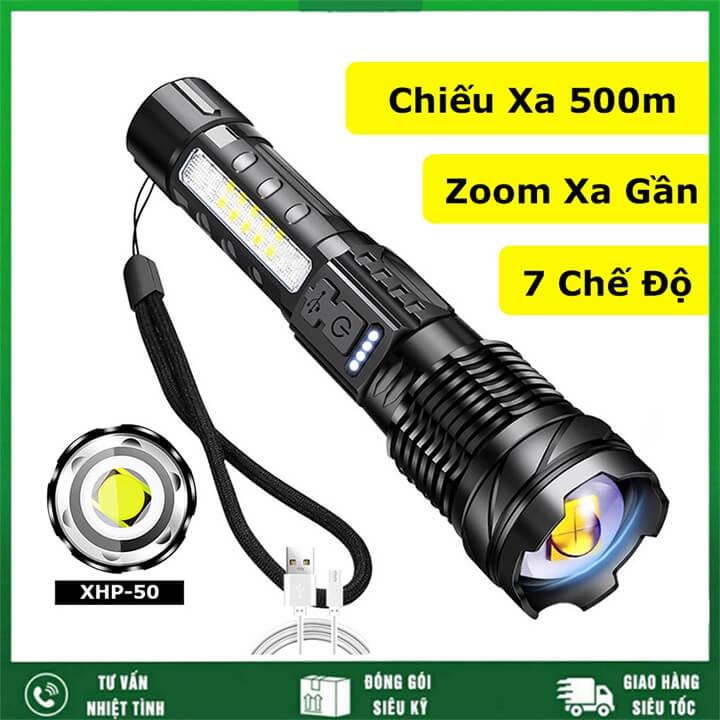 Đèn pin A76 siêu sáng  chiếu xa 300m cho Zoom xa gần, chống nước IPX4 pin trâu đèn pin A76 kèm dây sạc USB, đèn pin thông minh đèn di động đèn pin siêu sáng.