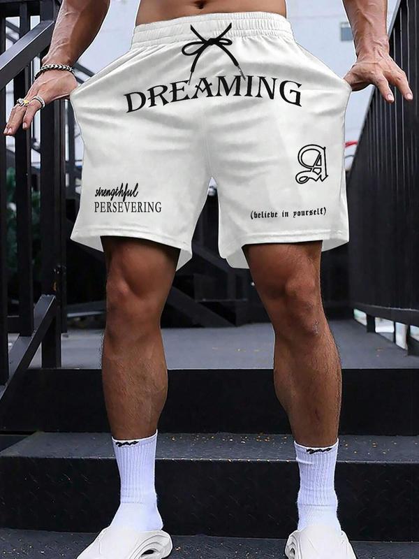 Men's Letter Print Pocket Drawstring Shorts, Regular Fit Casual Street Elastic Waist Straight Leg Shorts for Summer, Fashion Men's Bottoms for Daily Wear 1