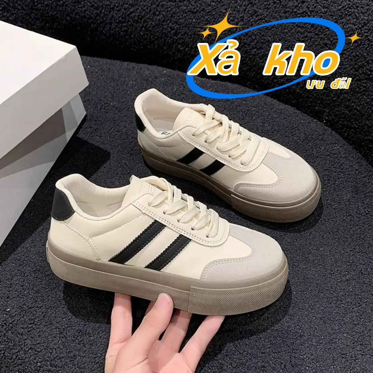 Giày thể thao đế bằng phối màu trắng-be  Mẫu Xuân 2025 phối tương phản giày casual đế mềm chống trượt chống mài mòn