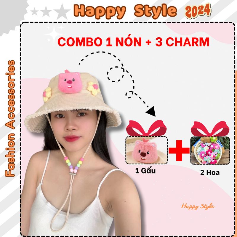 [Combo Nón + 3 Charm] Mũ Bucket Tua Rua Trơn Dây Phối Hạt Kèm Dây Có Thể Tháo Rời Hat Hoa