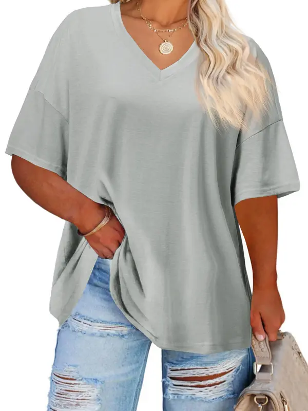 【Plus Size】 Plain V Neck Drop Shoulder Half Sleeve Tee, T Shirts for Women, Summer Tees, Summer Vacation Tops, Hide Tummy, Casual Basic T-shirt, Women's Clothing for Daily Wear, Back To School, T Shirts for Women, White Tshirt Women, Tops for Women 6