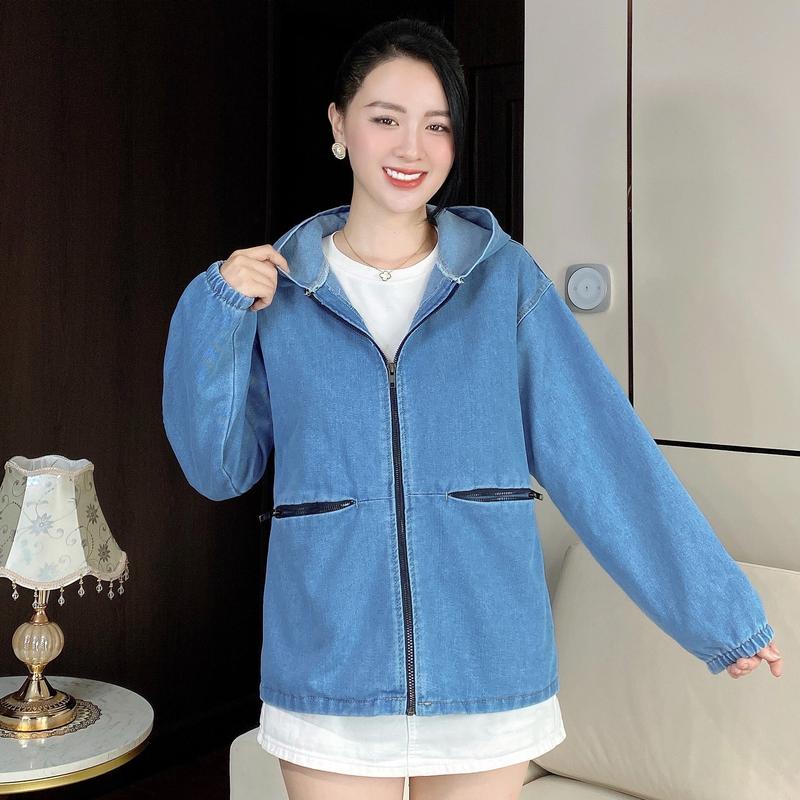ÁO KHOÁC JEAN DÂY KÉO CÓ NÓN +4 TÚI DÂY KÉO (CÓ TÚI TRONG) Top Jacket Nữ Women Kem Cotton