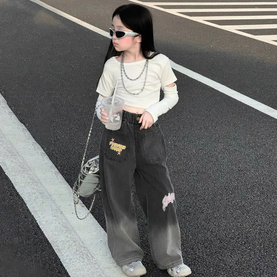 Quần Jean Suông Dài Siêu Ngầu Phong Cách Cá Tính Cho Bé Gái 16-35kg