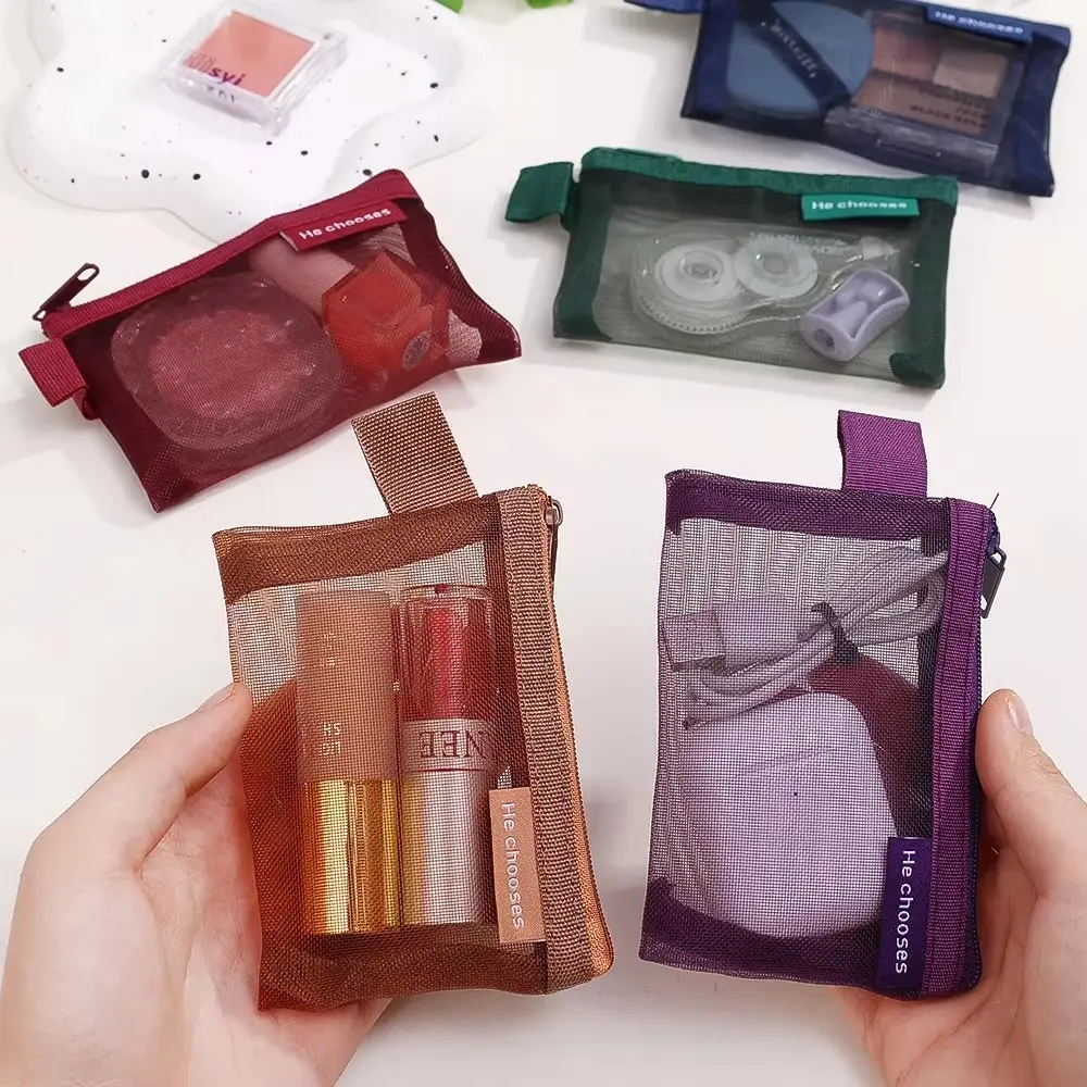 Portable Transparent Mesh Makeup Brush Bag / Travel Organizer ID Credit Card Holder Pouch / Earphone Data Cable Storage Bag