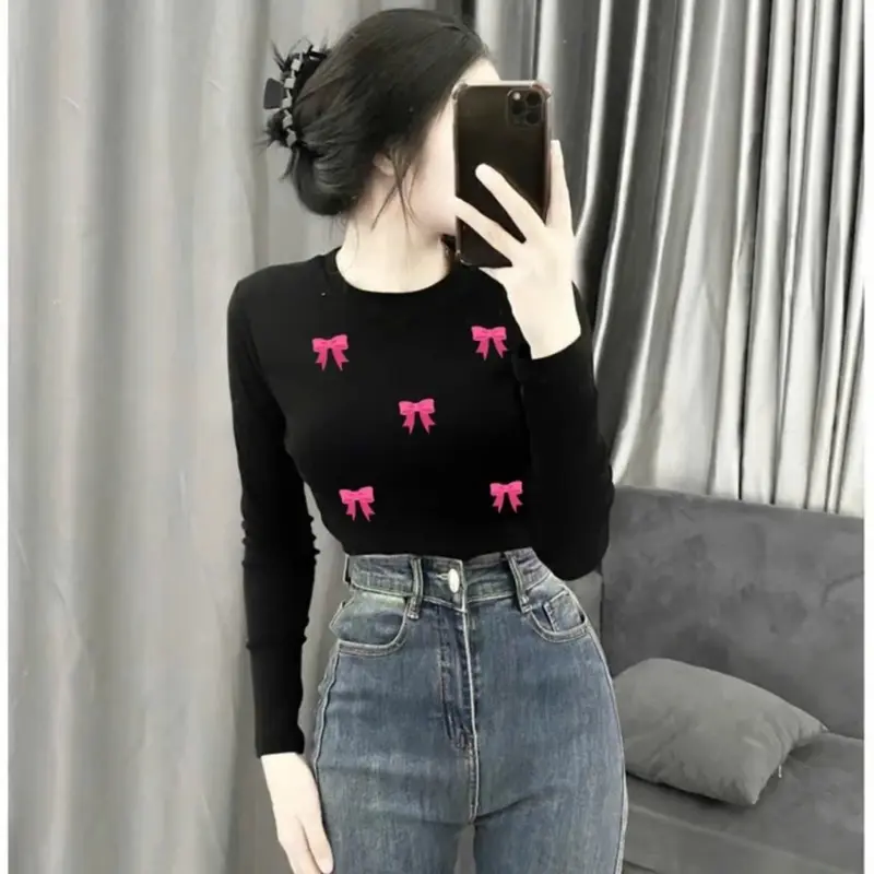 ÁO THUN TĂM TAY DÀI IN 5 cái nơ màu hồng xinh 1
