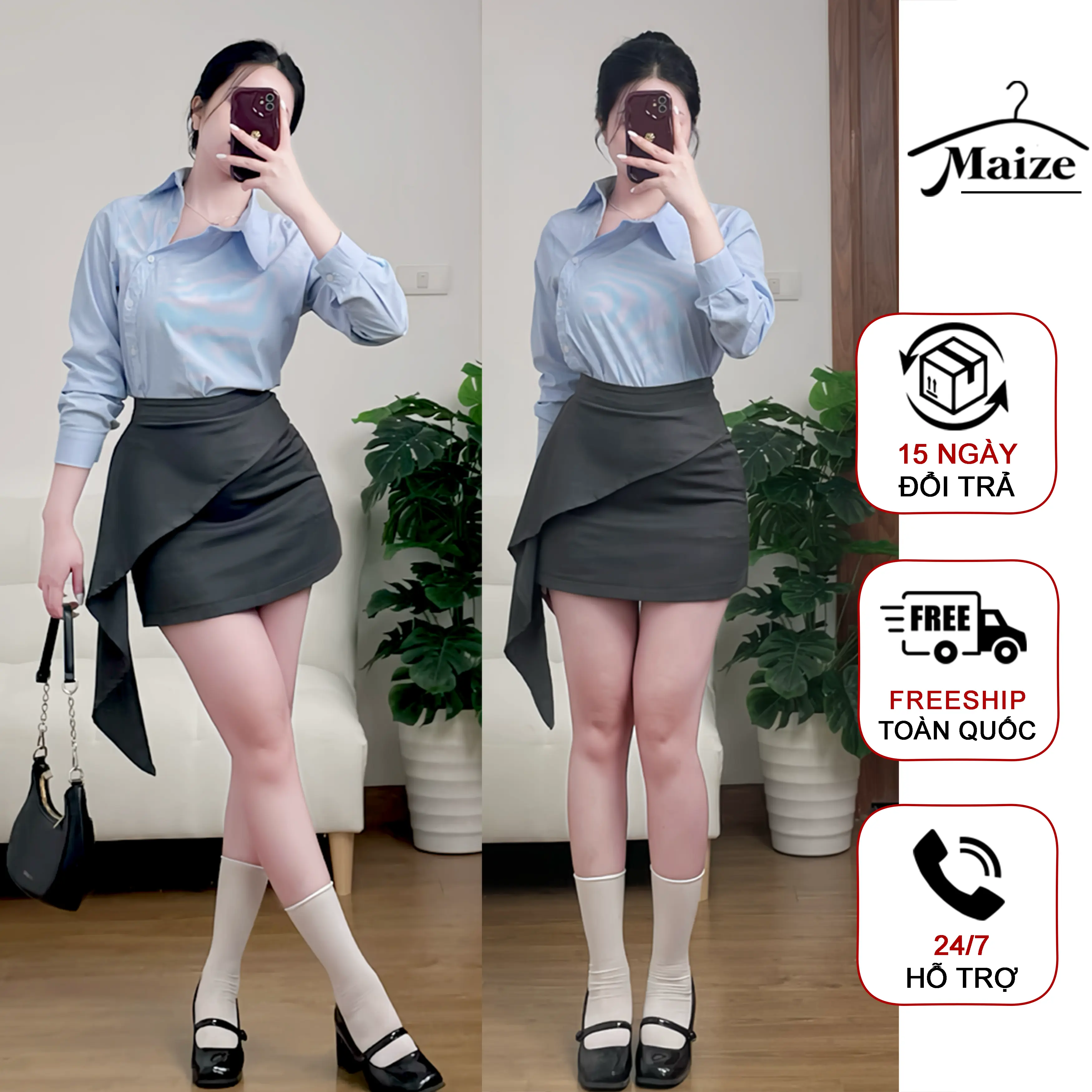 Áo sơ mi nữ kẻ xanh khuy cài lệch (không kèm chân váy) Maize tiểu thư sang chảnh Top Women
