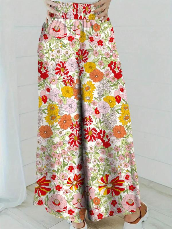 Plus Size Floral Print Shirred Wide Leg Pants, Boho Casual High Waist Trousers for Daily Holiday Vacation Wear, Women's Plus Size Bottoms for Summer 4