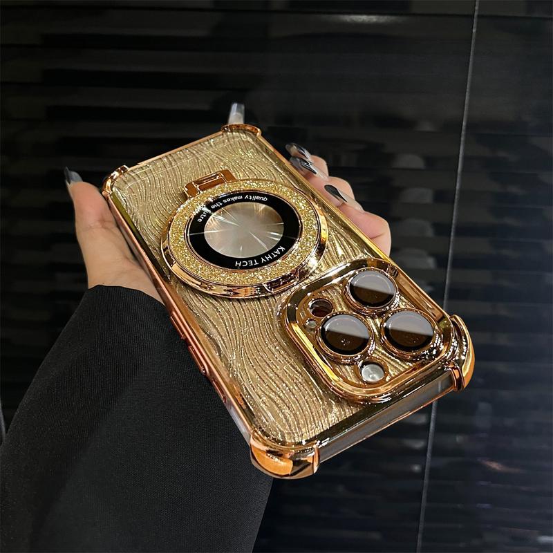 Ốp Chân Đế Họa Tiết Nước Lấp Lánh Mạ Thẩm Mỹ, Dành Cho iPhone 15, 14, 13, 12, 11, Pro Max Plus, Trong Suốt, Có Bảo Vệ Ống Kính Túi Khí, Ốp Chống Sốc Phụ Kiện Case