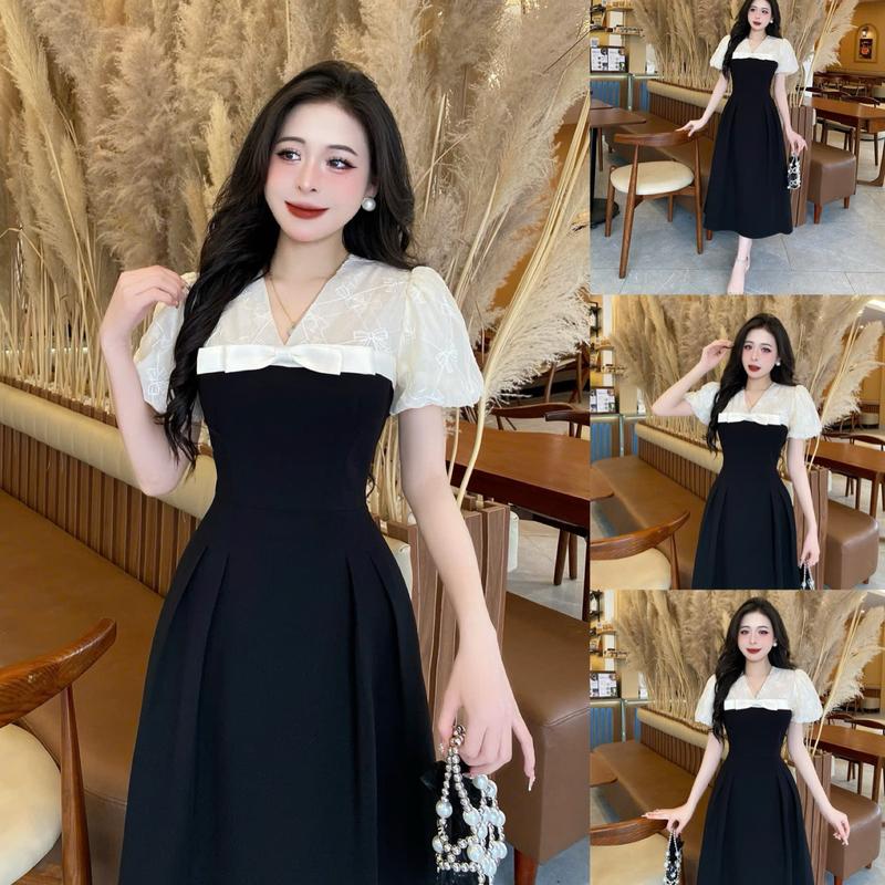 DB63 - Váy Thiết Kế Evii dành cho nữ, Đầm thiết kế cổ V phối tơ be thêu mix Tafta trước ngực (tặng kèm nơ cài) dáng A xòe dài phù hợp đi làm, đi chơi và đi dự tiệc. Có Bigsize Women Dress