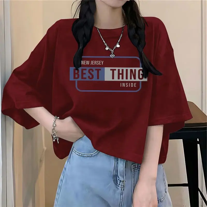 Áo Ngắn Tay Thời Trang, Dành Cho Nữ, Eo, Tay Lửng, In Màu Đỏ Rượu Vang Mới, Cỡ Nhỏ, Ngắn, Ins In, Hợp Xu hướng