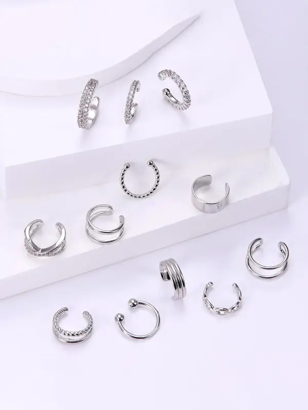 Simple Plain Cuff Earrings, Rhinestone Decorated Fake Earrings for Women & Girls, Braid & Chain Simple Design Ear Cuffs, Fashion Jewelry for Daily  Decor 3