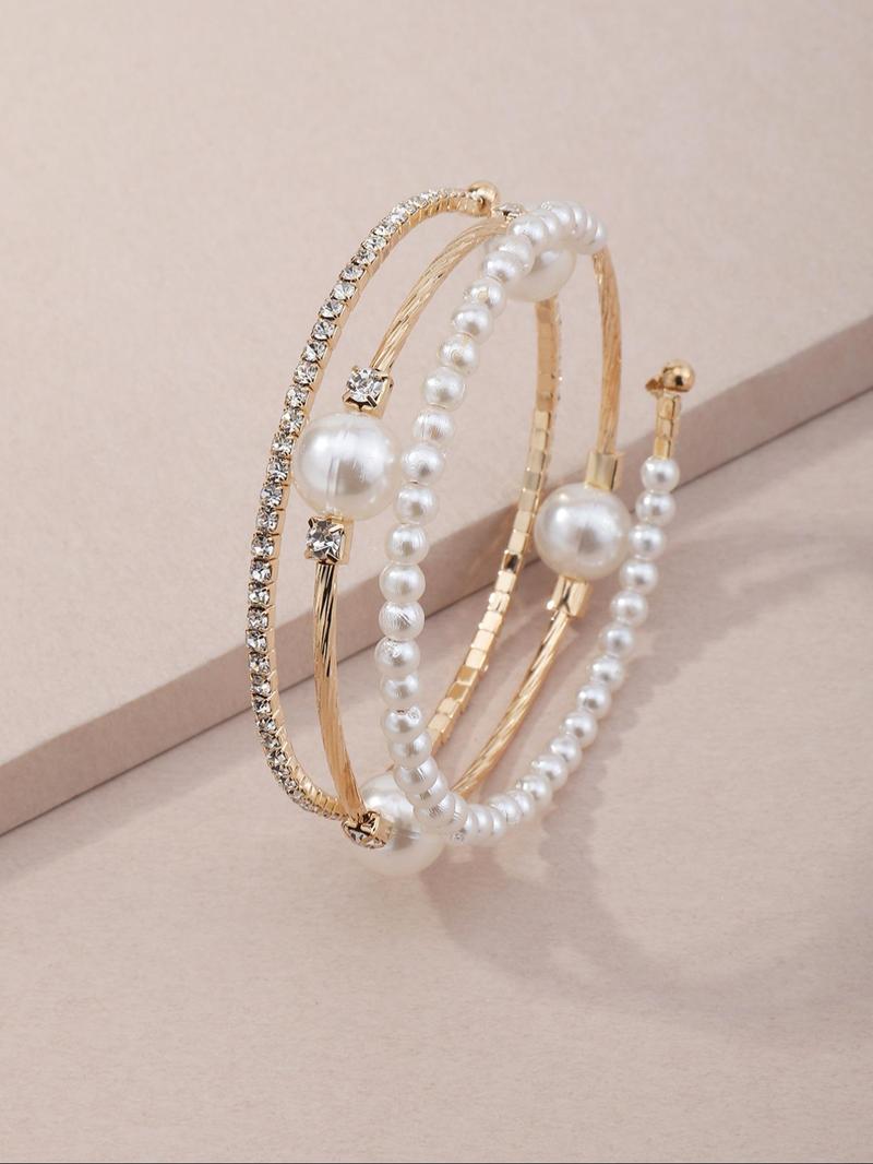 Product Introduction of Girl's Plain Rhinestones Faux Pearls Bangle, Fashion Jewelry for Party, Daily Decor, Trendy All-match & Exquisite Jewelry for Birthday Gift 4