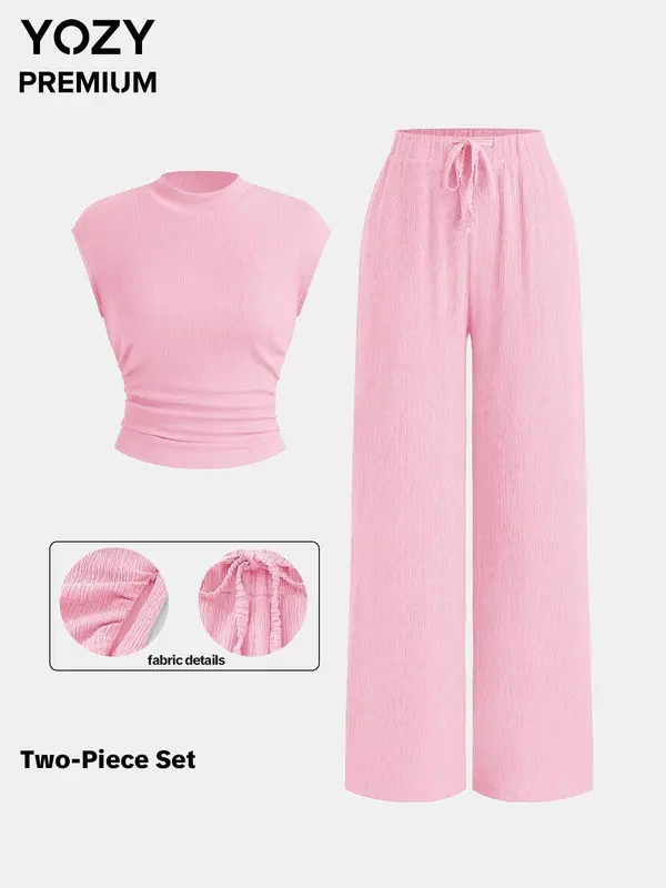 Two-piece Set YOZY Women's Solid Cap Sleeve Top & Drawstring Waist Pants, Casual Fashion Cozy Top & Trousers for Daily Outdoor Wear, Ladies Summer Clothes, Womenswear 3