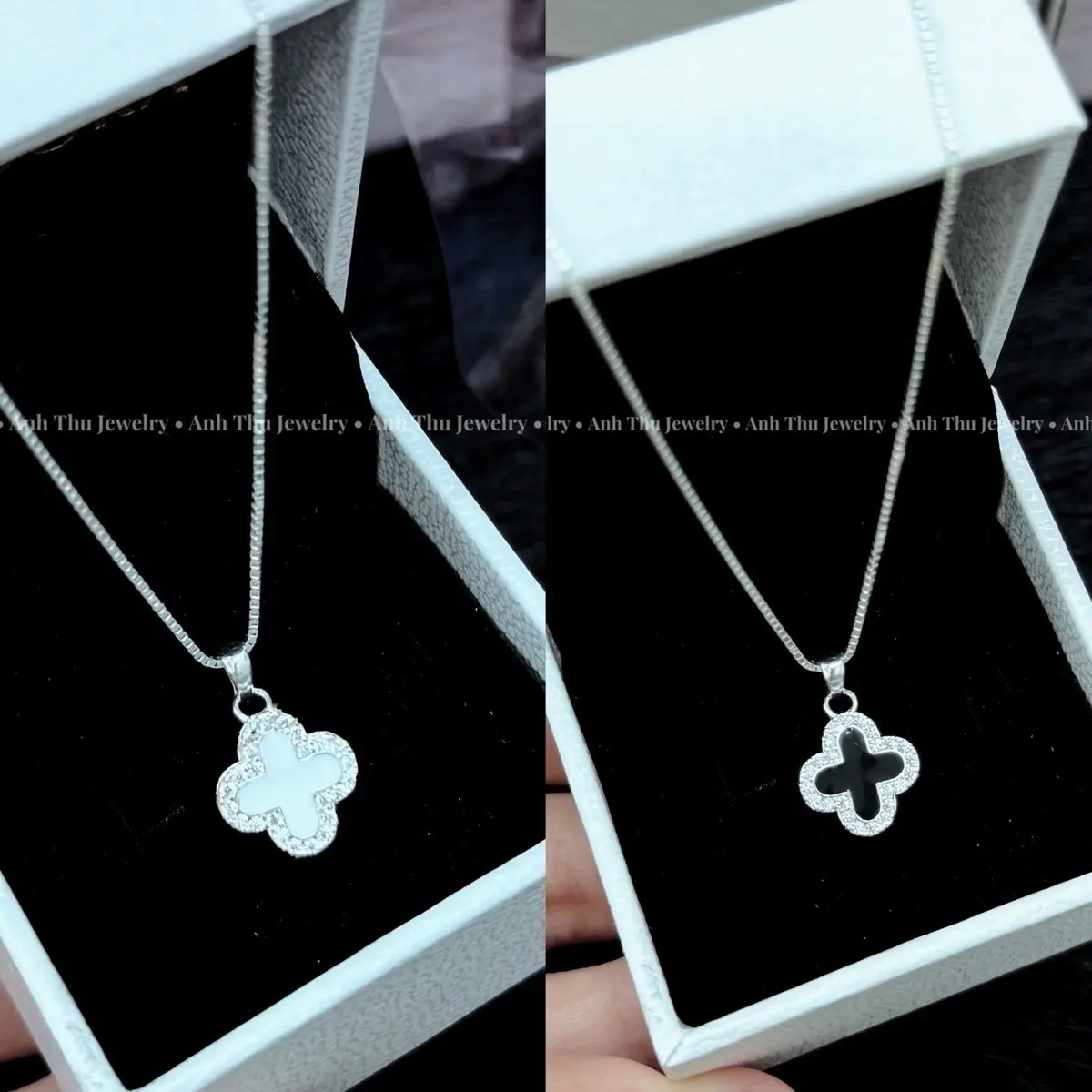 Vòng cổ bạc nữ đá cỏ 4 lá trắng lấp lánh 2 mặt dây mì dày dặn + Tặng nước rửa bạc
