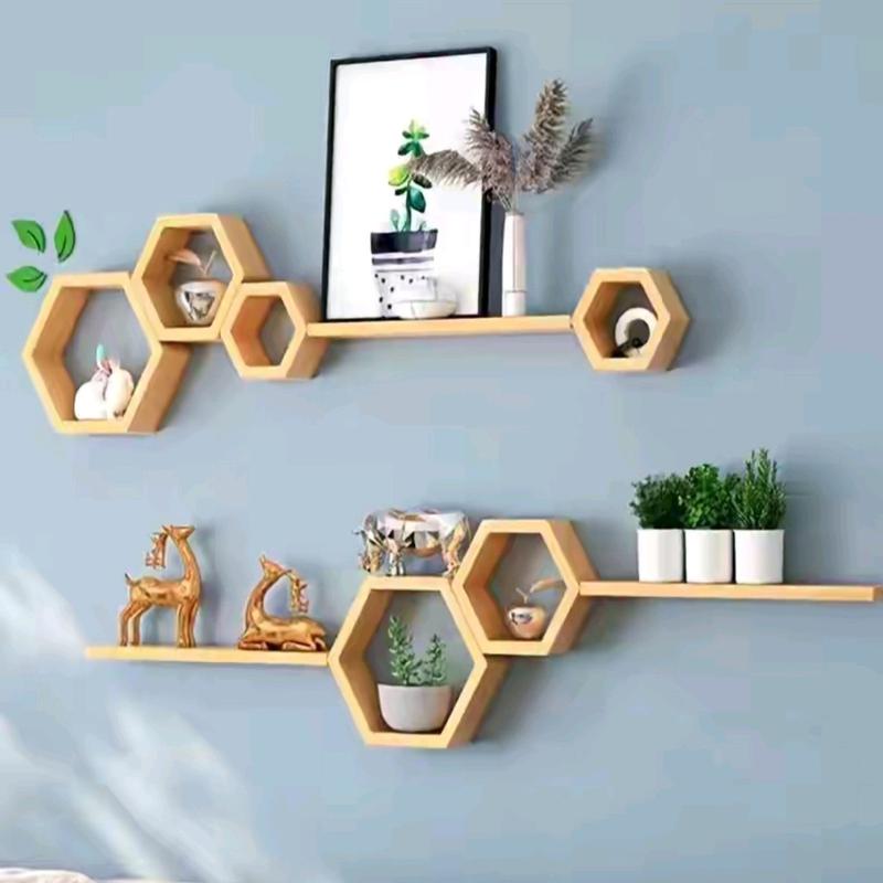 Kệ treo tường combo 6 ô lục giác 3 size khác nhau và 3 thanh ngang Decor Phòng Trang Trí Nhà Trưng Bày Đựng Sách Kệ Sách Đồng kego