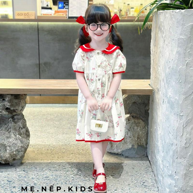   Me Nep Kids  Váy hoa đỏ cho bé Đầm thủy thủ bé gái tay bồng cổ đỏ M35 