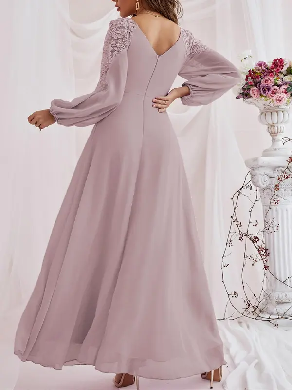 Women's Mean Girls Contrast Lace Lantern Sleeve Vneck A-line Long Dress, Chic Elegant Minimalist Chiffon Maxi Flowy Dresses for Bridesmaid Wedding Guest Party, Spring & Fall Clothes Occasional Wear 1