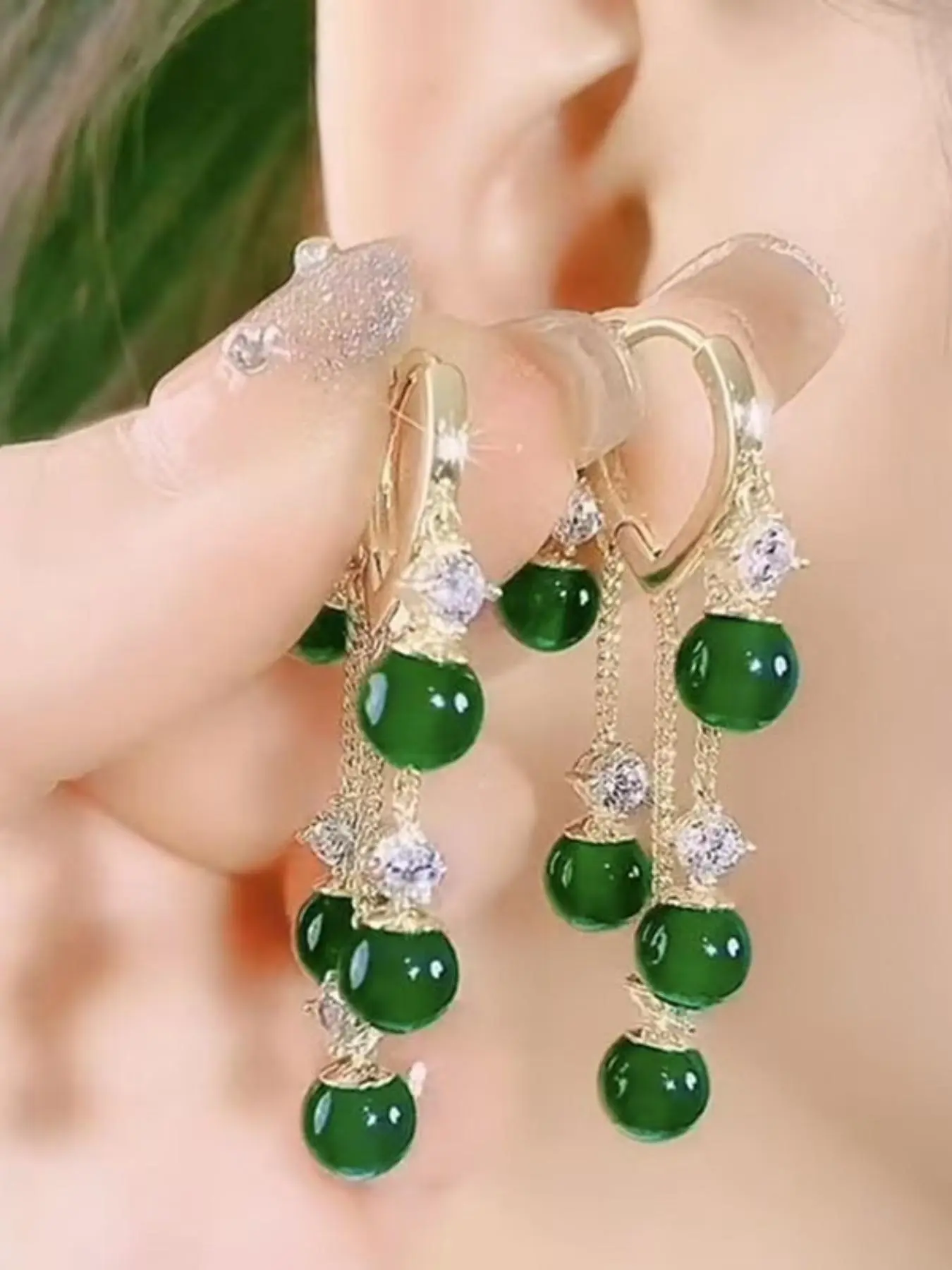 Elegant Green Tassel Design Dangle Earrings, Fashionable Jewelry for Women, Trendy All-match & Exquisite Jewelry for Birthday Gift