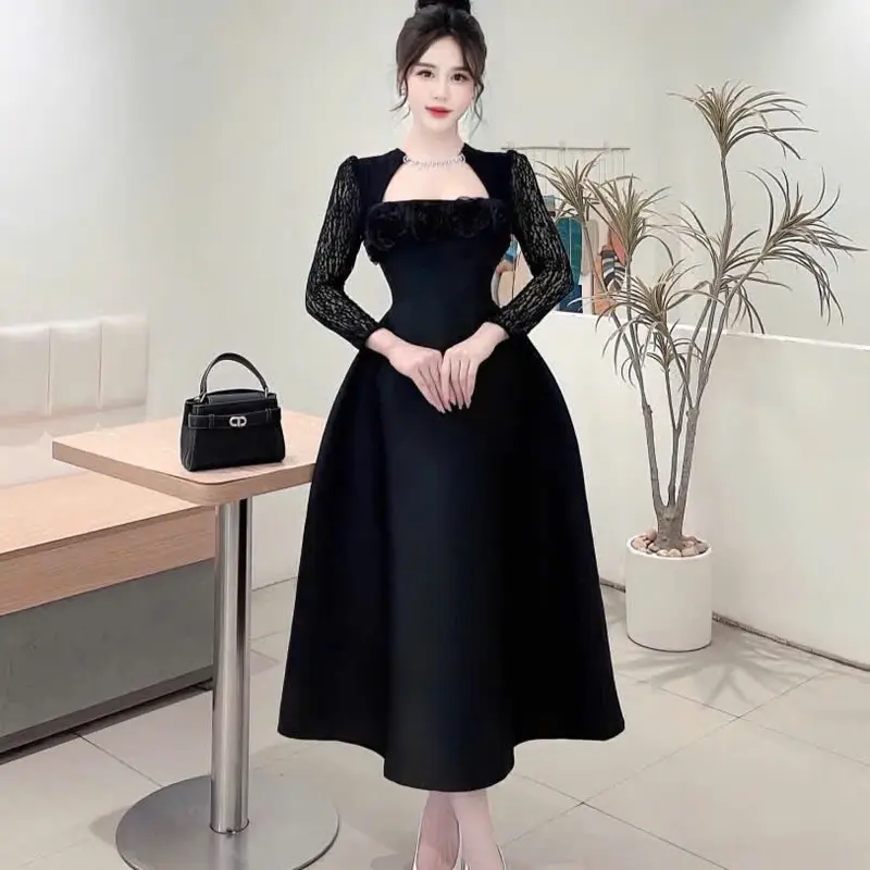 Váy tapta tay ren dài cổ đá cuộn hoa 3