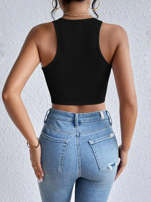 Women's Plain Round Neck Crop Tank Top without Necklace, Summer Tops, Summer Clothes, Casual Sleeveless Ribbed Top for Summer, Crop Top for Women,  Clothes for Women, Women's Clothing for Daily Wear 8