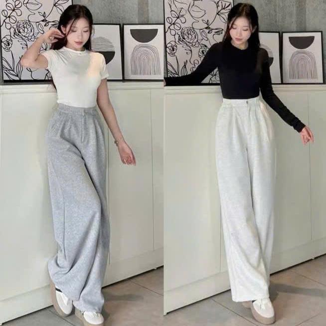 Quần ống rộng nỉ nữ 2 da ống rộng suông có túi trước sau xếp li - Quần ống rộng 1 khuy cạp cao lưng chun mặc đi học công sở làm du lịch dao phố đều xinh ạ Thun Ong Women Pants