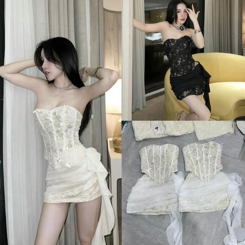 [có bigsize - hàng SẴN] -  S009 - Set cúp áo GỌNG REN lưng chun + chân váy phối tua rua Nữ Sang Chảnh