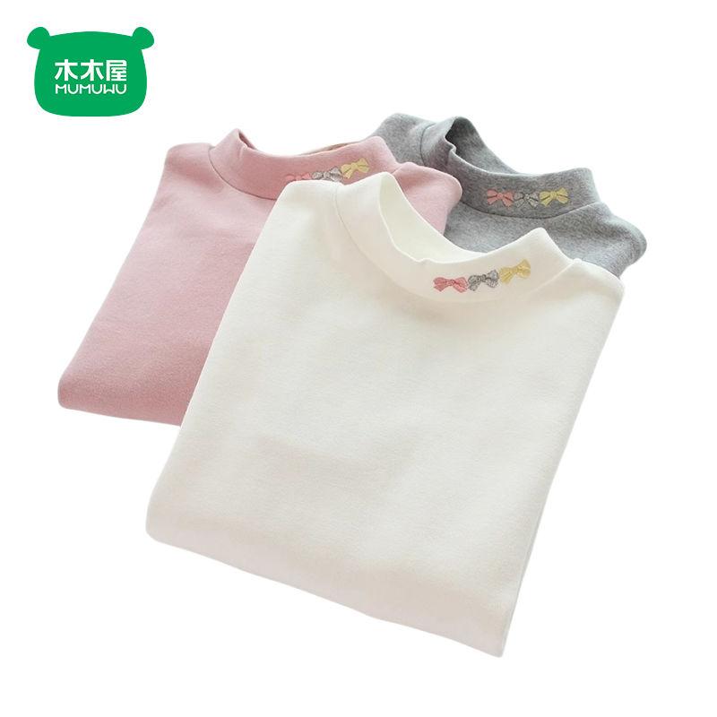 Áo Lớp Nền Dralon, Ngôi Nhà Bằng Gỗ Cho Trẻ Em, Cho Mùa Thu Và Mùa Đông, Quần Áo Giữ Nhiệt Cổ Lọ Nửa Cho Bé Gái, Dễ Phối Đồ, Thêu Nơ, Dài Tay 7