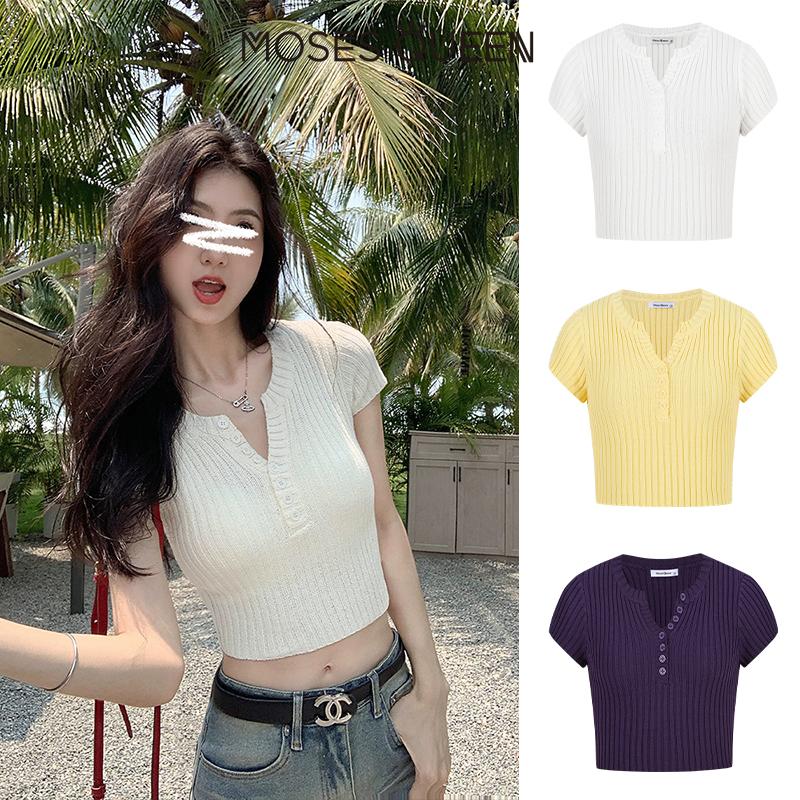 Áo Len Dệt Kim, Nữ Thần Nữ Hoàng, Cổ Bán Mở, ngắn Tay, Cạp Cao, Dáng Ôm, Hàng Mới Về Mùa Hè Năm 2025, Áo Khoét, # 59815