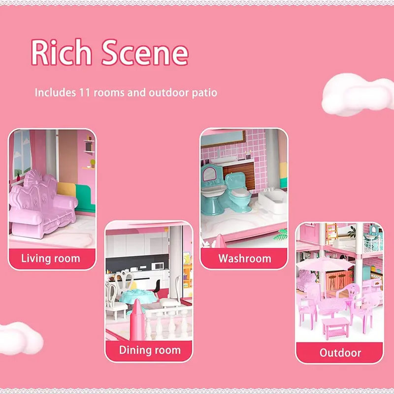 DIY Doll House Building Toys, 1 Set Pink Dollhouse with 11 Rooms & Furniture Accessories, DIY Pretend Play Toys For Kids, Stocking Fillers Gift 3