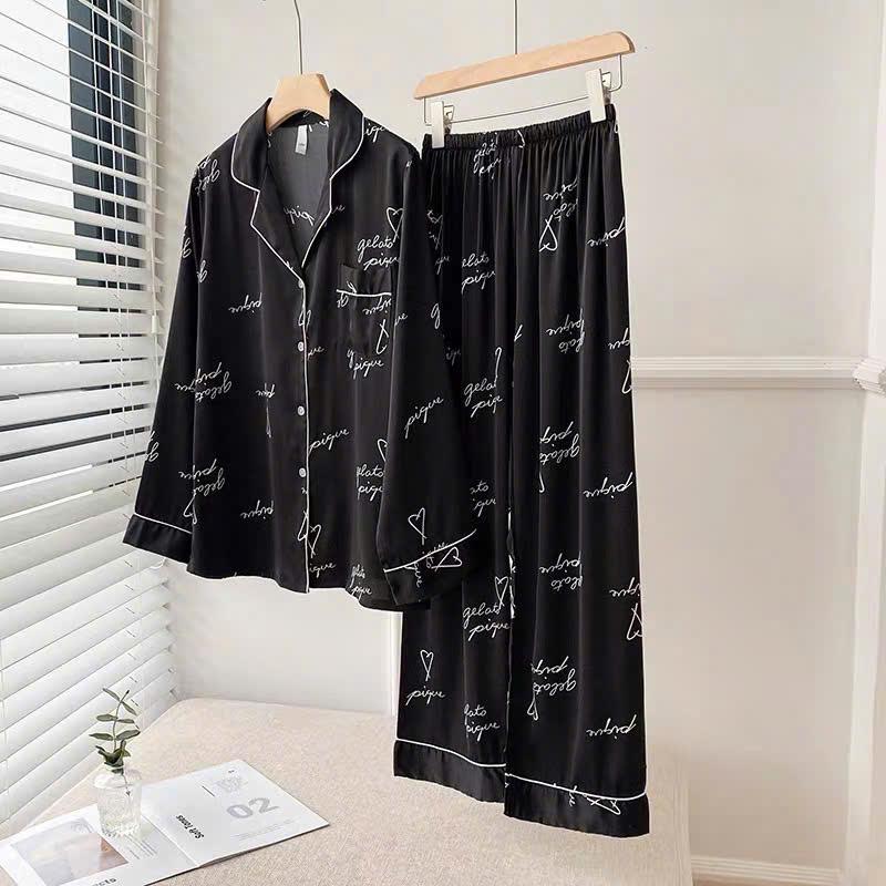 Đồ nữ Pijama ALADY lụa Latin cao cấp, màu đen sang trọng họa tiết chữ trái tim tay dài - TD0081 4