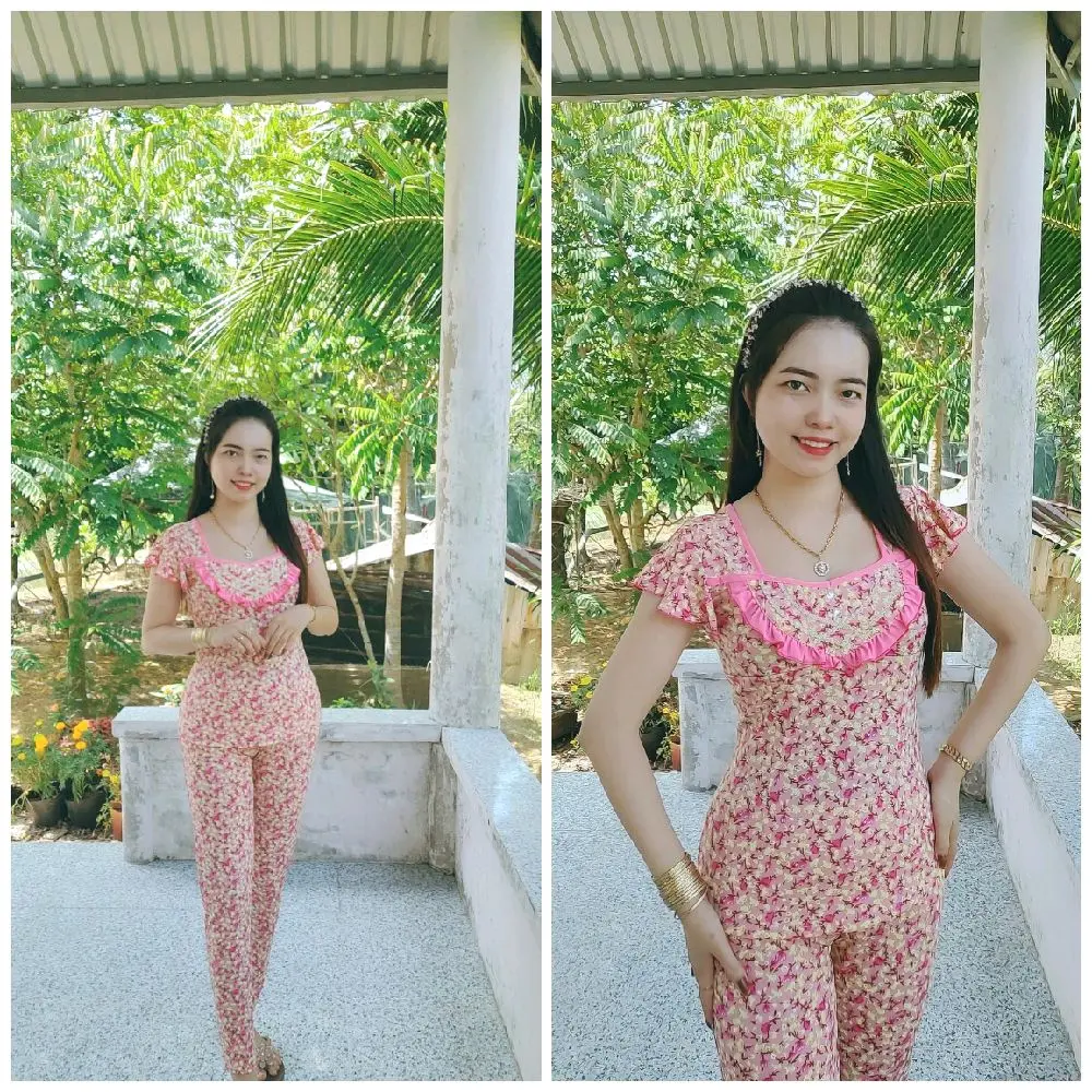 bộ cổ vuông phối bèo màu tay cánh tiên quần dài ống nhỏ size 12345 (40-78kg) Áo Thun