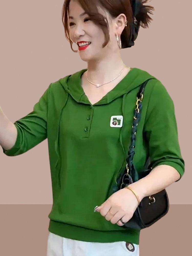 Product Introduction of Áo Thun Dài Tay Có Mũ Trùm Đầu, Mỏng, Trang Phục Đầu Thu Của Mẹ, Phong Cách Đi Chơi Chống Lão Hóa, Áo Thời Trang Phong Cách Phương Tây 13