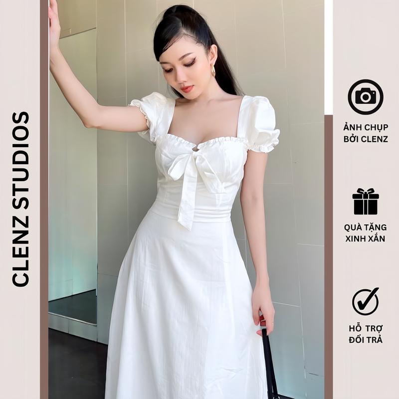 [ Clenz - Váy thiết kế cao cấp ] Đầm trắng dáng dài thắt nơ xinh, váy cưới cô dâu lễ ăn hỏi có size XS Bigsize D06