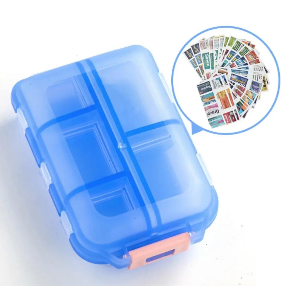 Portable Pill Storage Box with 147pcs Labels, 1 Count 10-grid Pill Tablet Organizer, Travel Medication Container  for Home Office School Dormitory