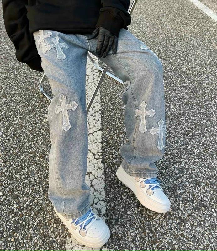  Quần Jean Xanh Suông Thêu Xù Chữ Thập Unisex Nam Nữ Chất Dày Dặn 