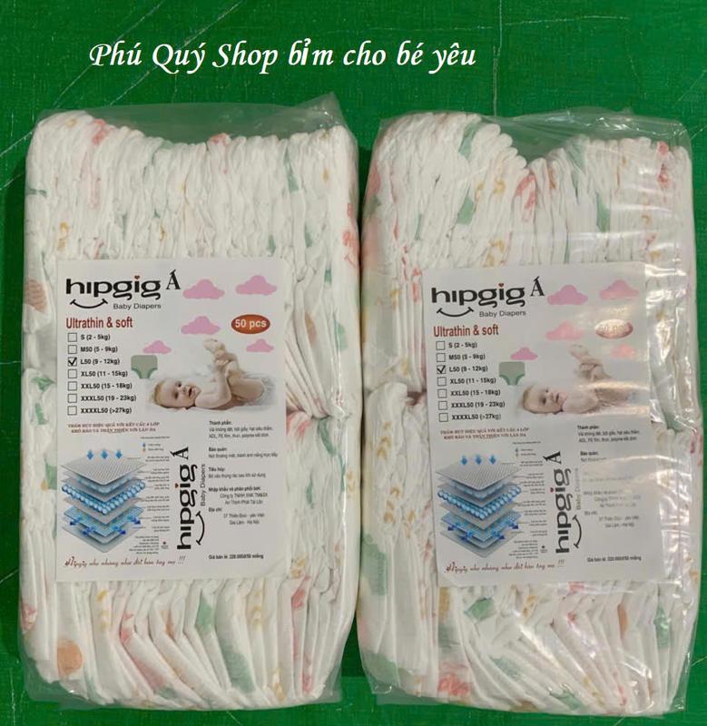 Bỉm dán HipGig A 100 miếng đủ size S đến XXL hàng mềm mỏng thấm hút 500 ml nước cho bé tả baby tã