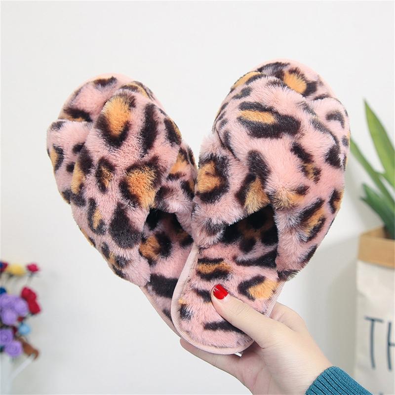 New Women Slippers Winter Warm Shoes Flat Sweet Woman Indoor Faux Fur Warm Soft Slip on Home Leopard Print Pink Furry Ladies Slipper 5