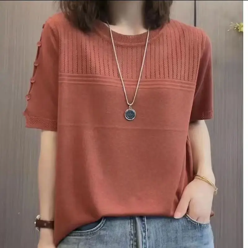 Áo Thun ngắn Tay Đồ Len Mùa Hè, Dành Cho Nữ, Mỏng Và Rộng, Giấu Bụng, Thiết Kế Rỗng Áo Mặc Trong, Với Các Lỗ Top Voi