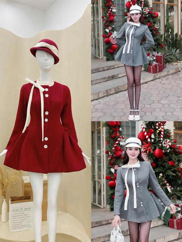 Áo Dạ TK Cổ Tròn Mix Nơ Phối Tay Dài Cúc Bọc Thân Áo Nhún Đẩy Phồng Hông Dành Cho Nữ By Trang Mun G31