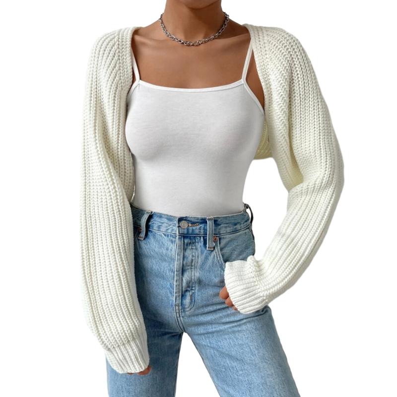Women's Open Front Cropped Cardigan Long Sleeve Solid Color Ribbed Knit Shrug Sweater Bolero Tops 0