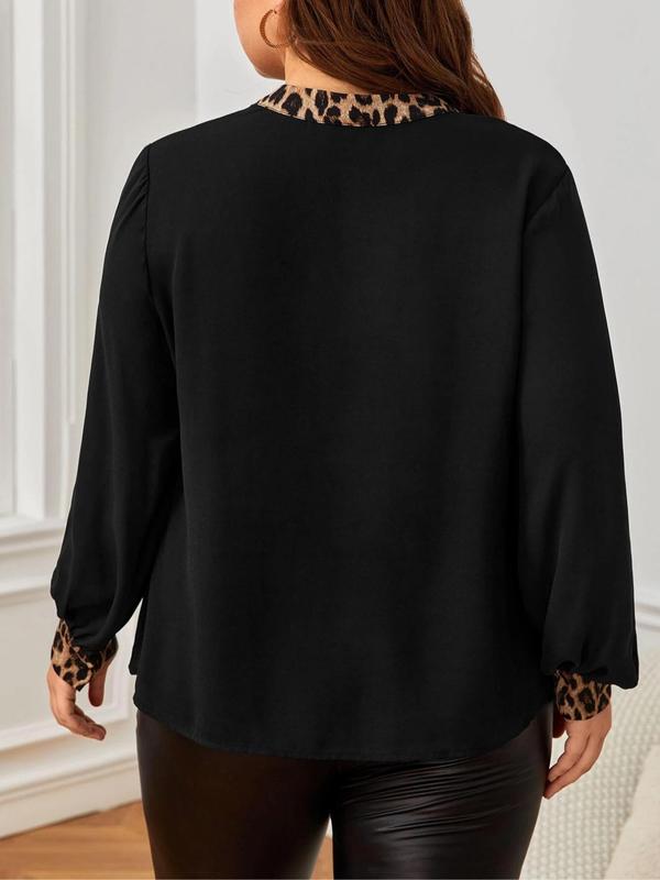 【Plus Size】 Leopard Patchwork Notched Neck Blouse, Casual Bishop Sleeve Top for Fall & Winter, Women's Clothes for Daily Wear 1