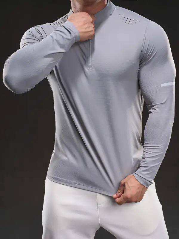 Men's Half Zip Up Stand Collar Sports Tee, High Stretch Tight-fitting Casual Comfy Breathable Long Sleeve T-shirt for Gym Workout Running, Men's High Stretch Sportswear for All Seasons, Athletic Fitted Breathable Mens Clothing 1