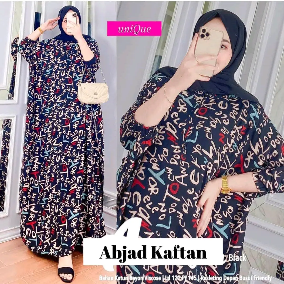 gamis kaftan ABJAD modern KEREN batik indonesia baju wanita gaul outfitt viral terbaru pakaian muslimah rayon tebal Muslim Dress Arab Syari Motif Katun