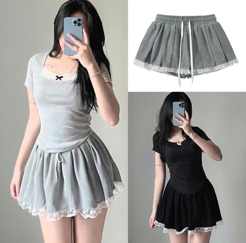 Chân váy xếp ly hộp phối ren chất tăm hàn cạp chun co giãn 40_60kg có quần bảo hộ top women hottrend - Bo Chun Màu Xám 0